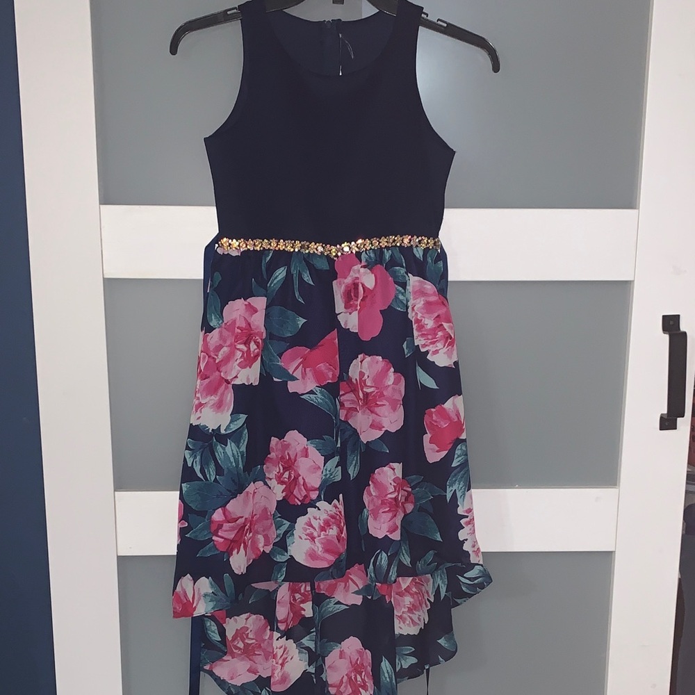 Elegant Navy and Pink Floral Kids Dress